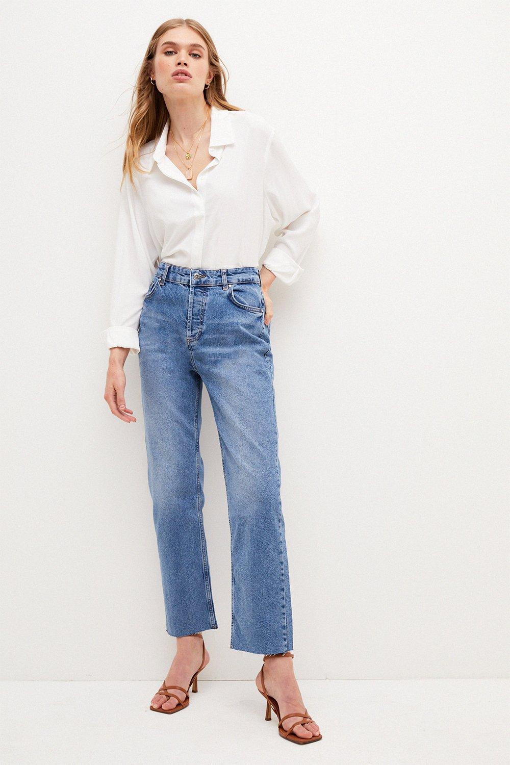 Mid Rise Straight Leg Raw Hem Jeans Karen Millen